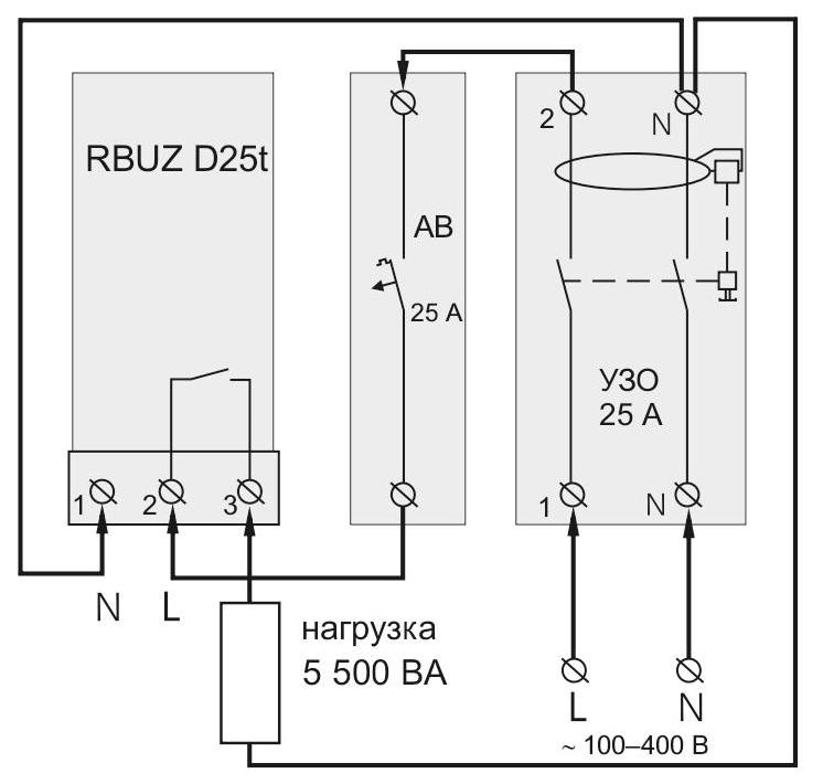 Подключение автоматического выключателя и УЗО к RBUZ D25t